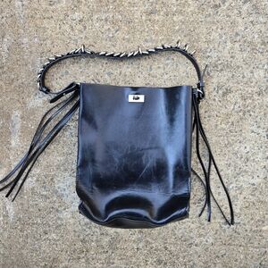 Black Leather Shoulder Bag with Silver Accents